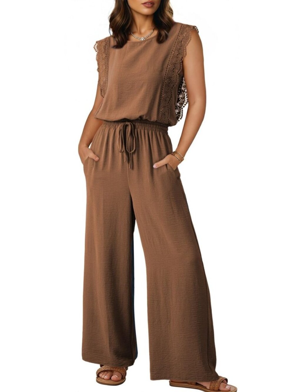 Jumpsuits for Women Lace Cap Sleeve Wide Leg Romper